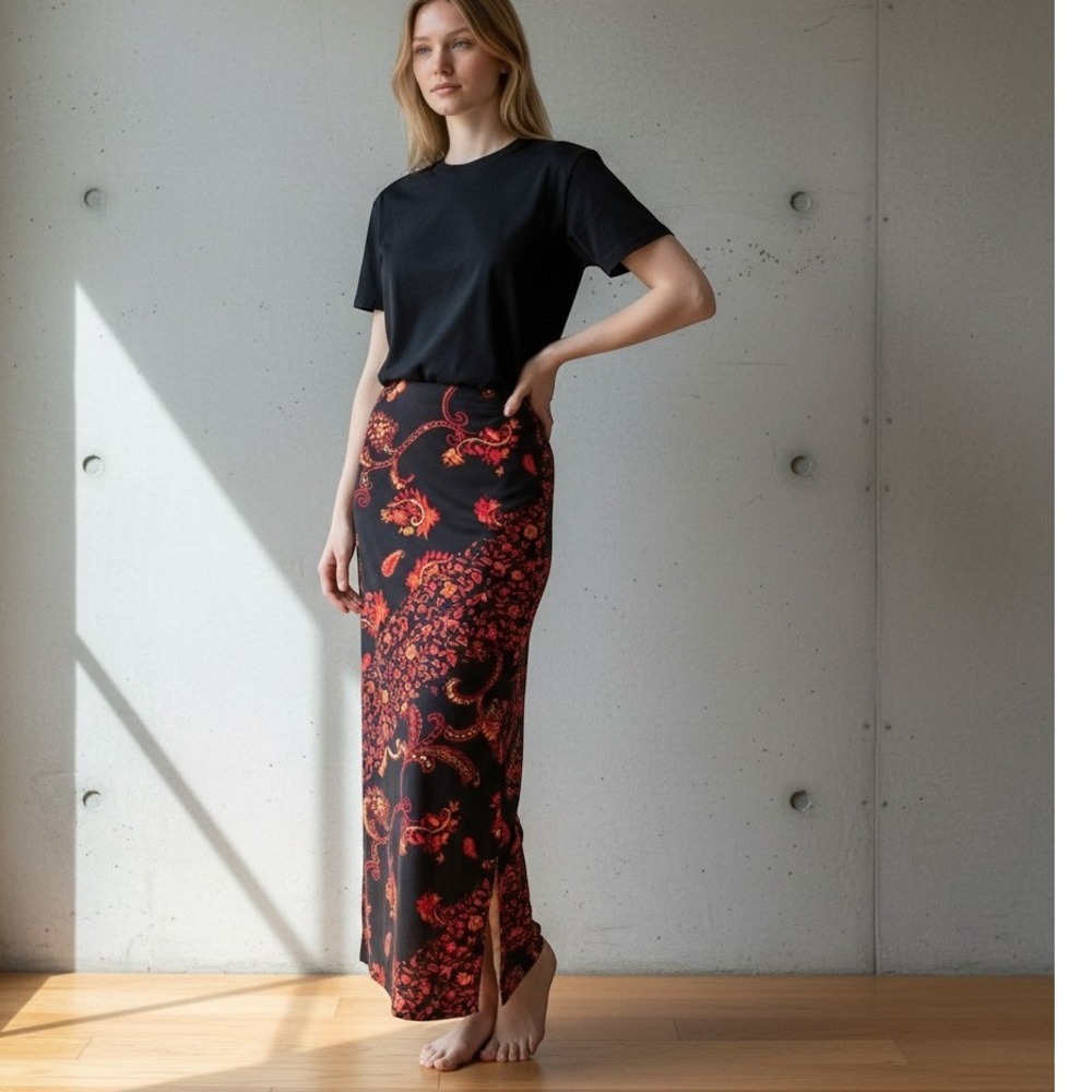 My Michelle Y2k Grunge Black Red Paisley Floral Side‎ Slit Midi Skirt Dragon